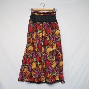Vintage 90s Deux Iguregu black red orange multicolor floral midi skirt XXS